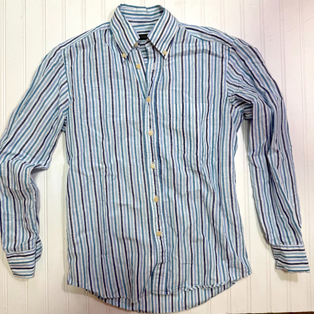 Canali Blue White Stripe Linen Cotton Button Down Shirt Size Small